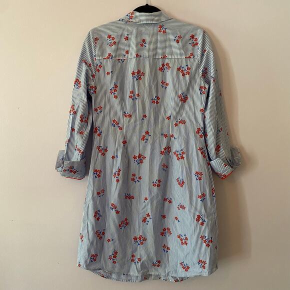 Boden 6 Blue White Stripe Red Floral Button Down Knee Length Shirt Dress Cotton - Picture 6 of 9